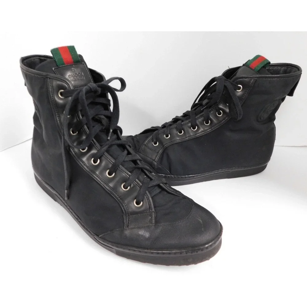 Authentic Men's GUCCI Canvas Leather Red Green Stripe High Top Sneakers sz 44 E